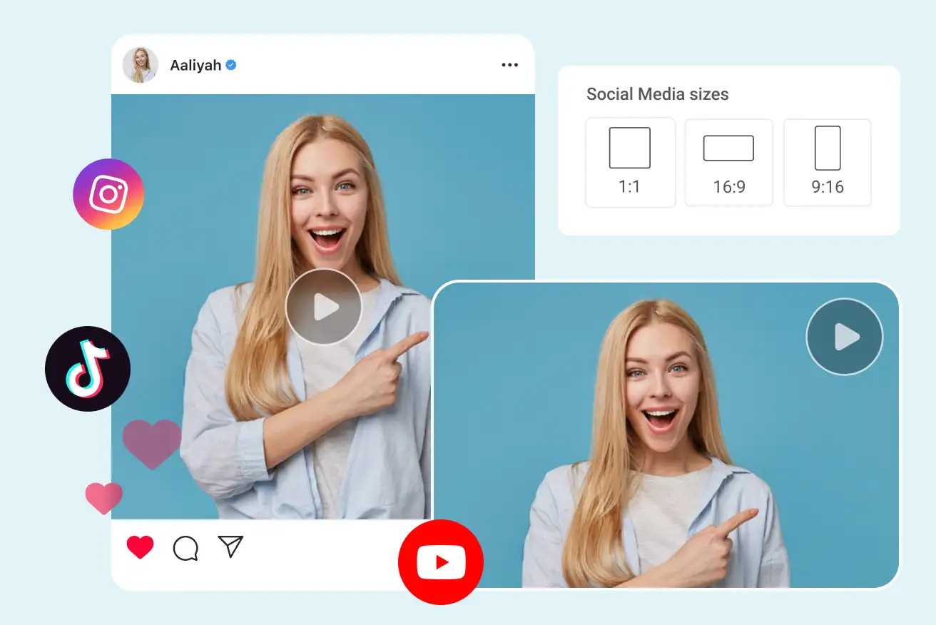 AI video generator creating Instagram and social media videos in 16:9, 9:16, and 1:1 formats with a smiling woman pointing