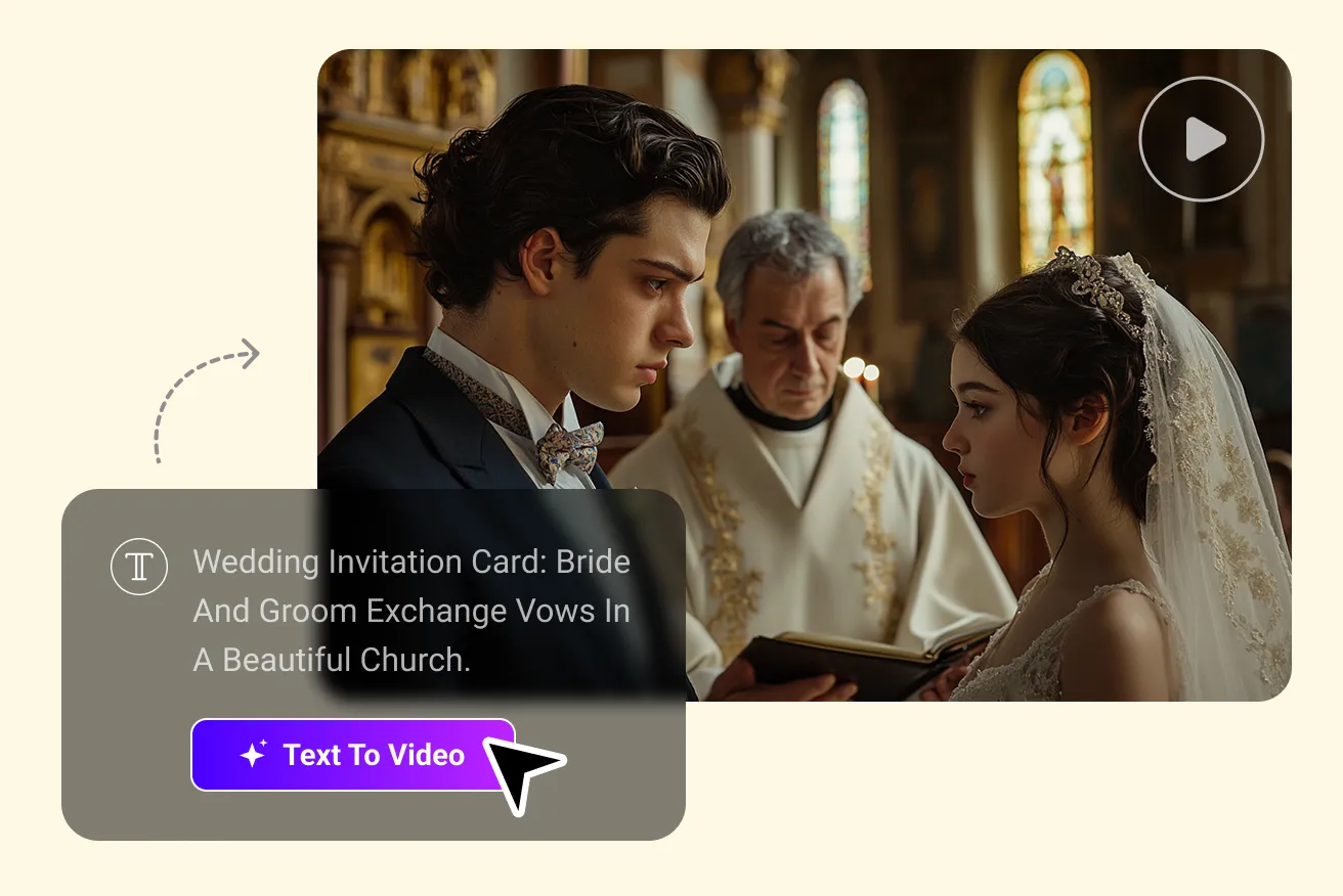 AI video generator from text prompts creating a wedding scene with bride and groom exchanging vows in a church