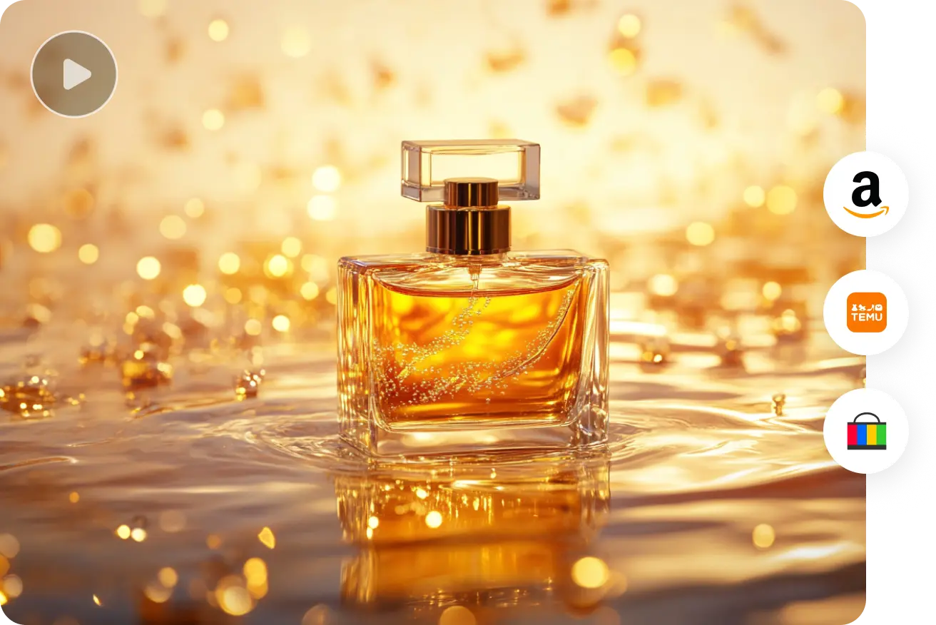 AI video generator creating a luxury perfume bottle with golden liquid and sparkling bokeh background for eCommerce
