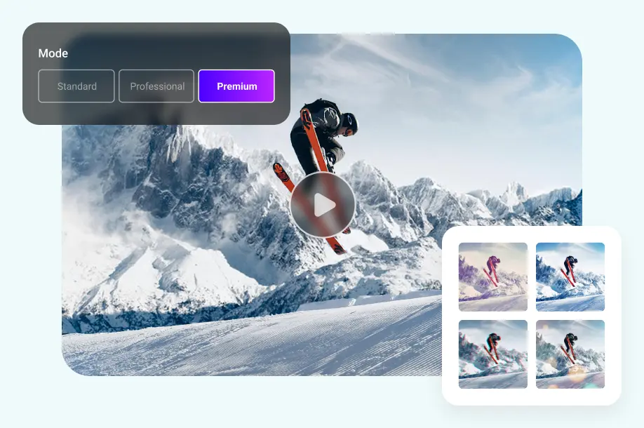 Step two Ima Studio’s AI video generator creates a premium skiing video with multiple style variations and high-quality mode selection.