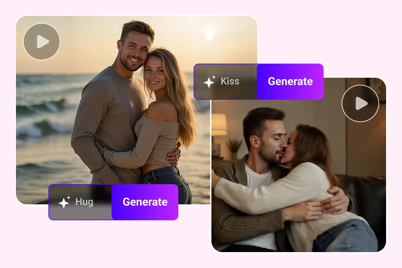 AI video generator creating romantic couple videos, from hugging at the beach to kissing indoors