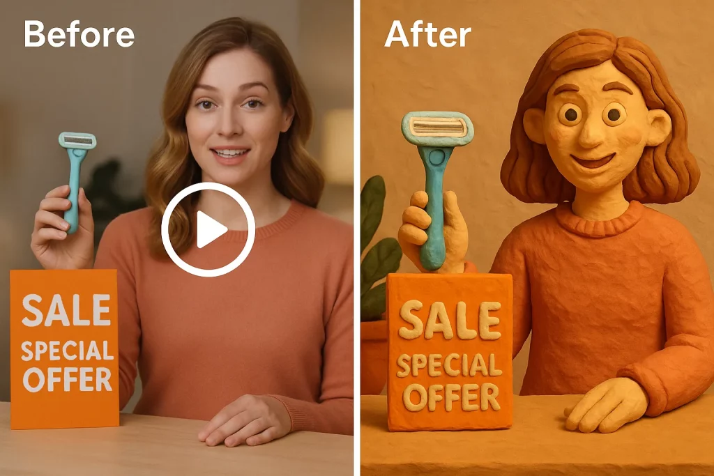 AI cartoon video generator turning a commercial product video into a Claymation-style animation. Before-and-after comparison showing realistic footage vs AI clay animation version.