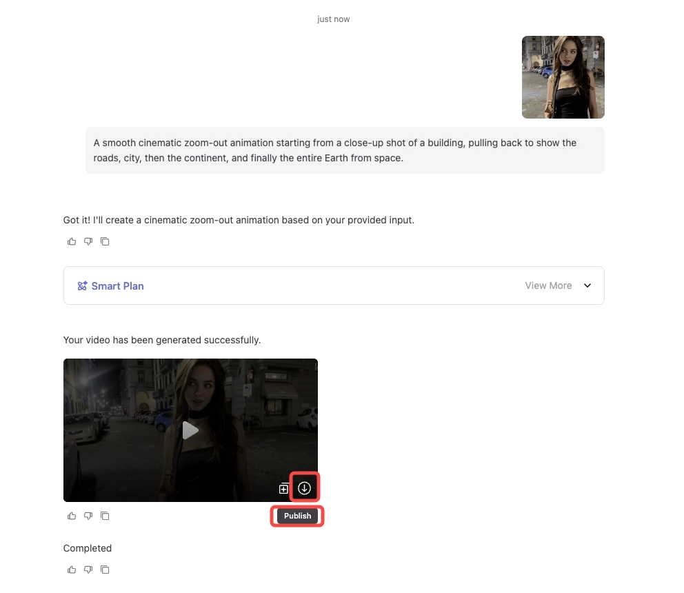 AI-generated cinematic video result created AI agent on Ima Studio, highlighting the Download and Publish buttons below the preview
