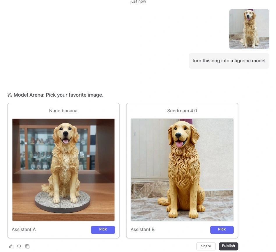 Comparison of a dog photo turned into a figurine model using Nano Banana and Seedream 4.0