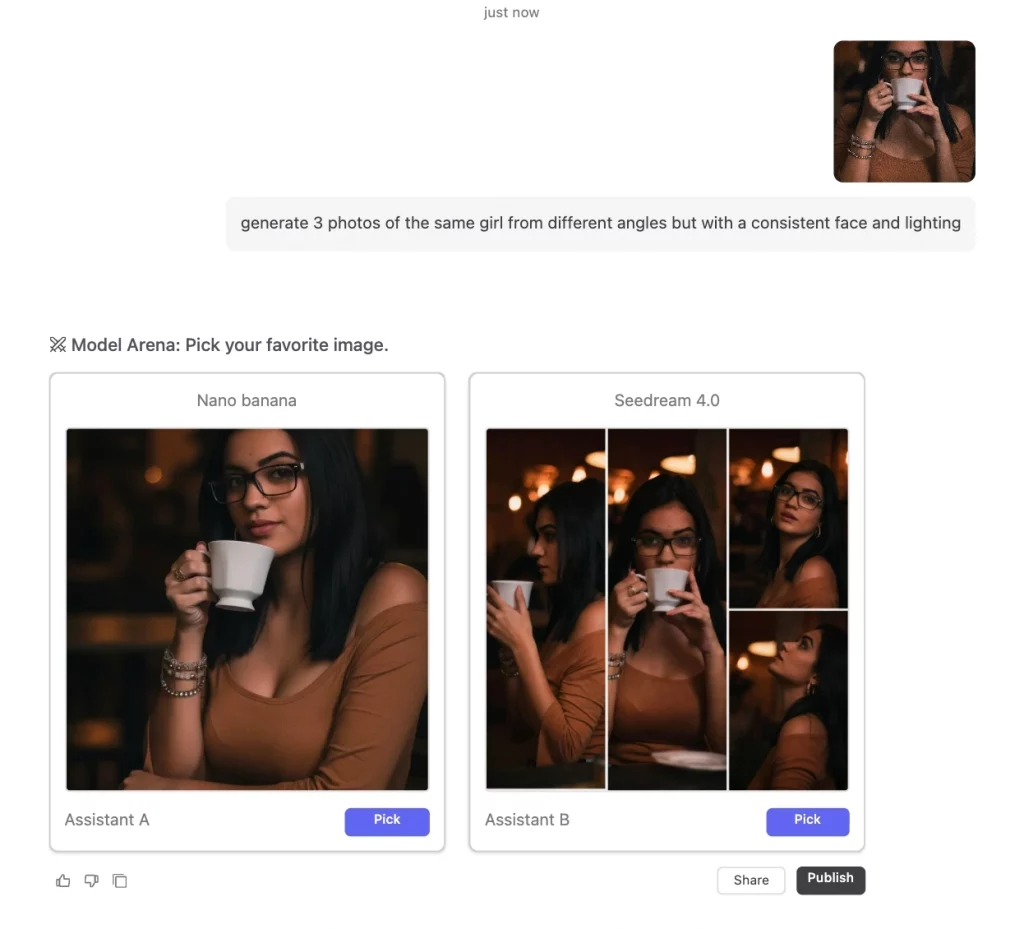 Side-by-side test showing the same girl generated from different angles by Nano Banana and Seedream 4.0