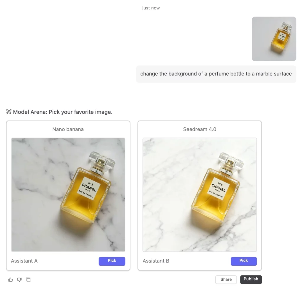 Perfume bottle photo with marble background created by Nano Banana and Seedream 4.0