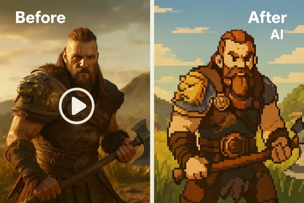 AI cartoon video generator converting a fantasy game trailer into pixel art style. Before-and-after comparison showing realistic warrior footage vs AI-generated 8-bit animation.