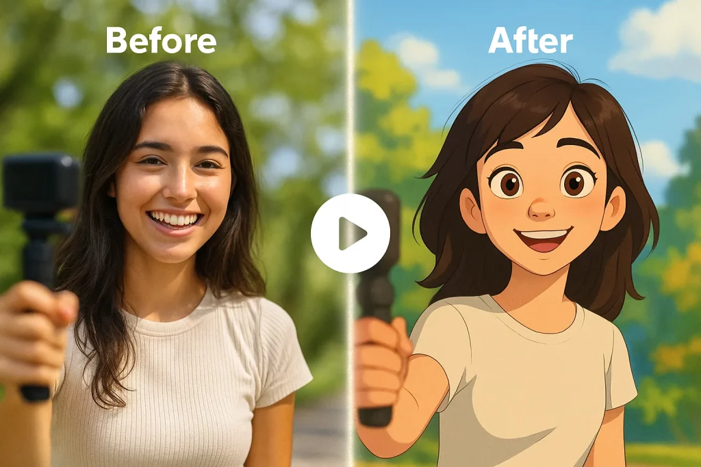 Before-and-after comparison of a young vlogger’s video transformed into a Ghibli or Disney Pixar-style AI cartoon animation using Ima Studio.