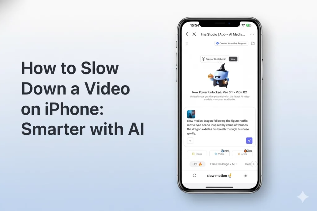 Blog banner for “How to Slow Down a Video on iPhone (Smarter with AI)” showing an iPhone displaying Ima Studio’s AI chat interface, symbolizing how to create smooth slow-motion videos easily with AI.