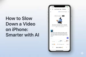 Blog banner for “How to Slow Down a Video on iPhone (Smarter with AI)” showing an iPhone displaying Ima Studio’s AI chat interface, symbolizing how to create smooth slow-motion videos easily with AI.