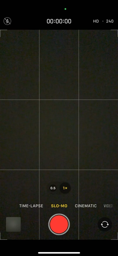 iPhone Camera app open in SLO-MO mode with HD 240 fps setting, illustrating how to record slow-motion clips directly before editing on iPhone.