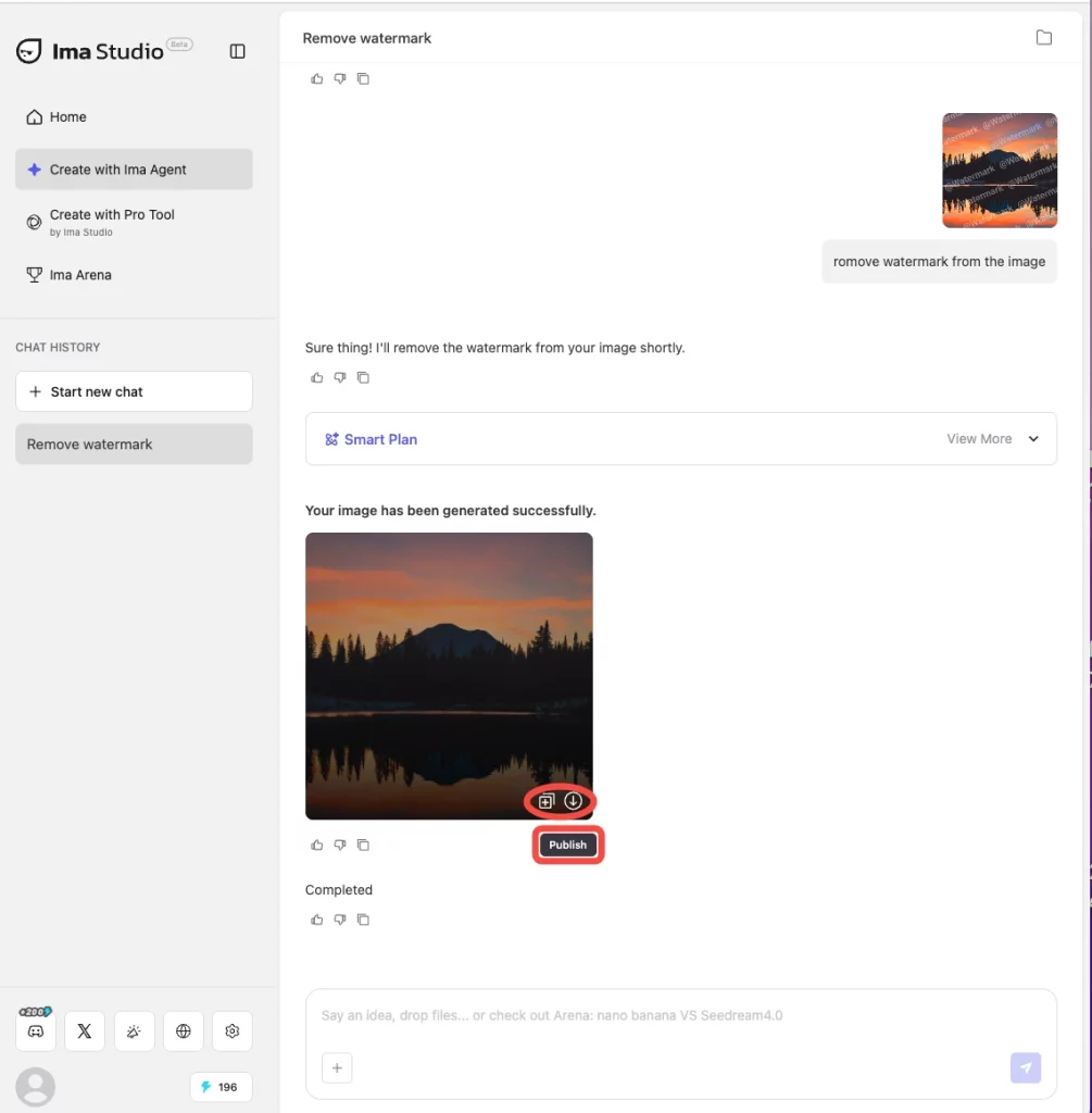 Chat interface showing AI removing watermark and generating HD image result