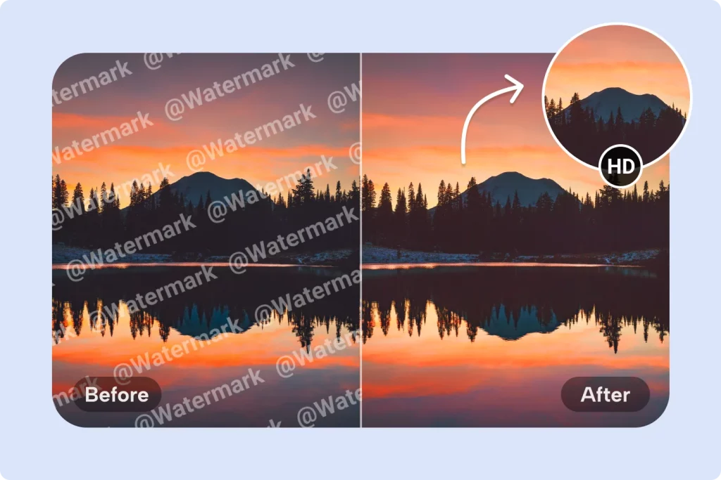 HD before and after comparison of a sunset landscape with watermark removed