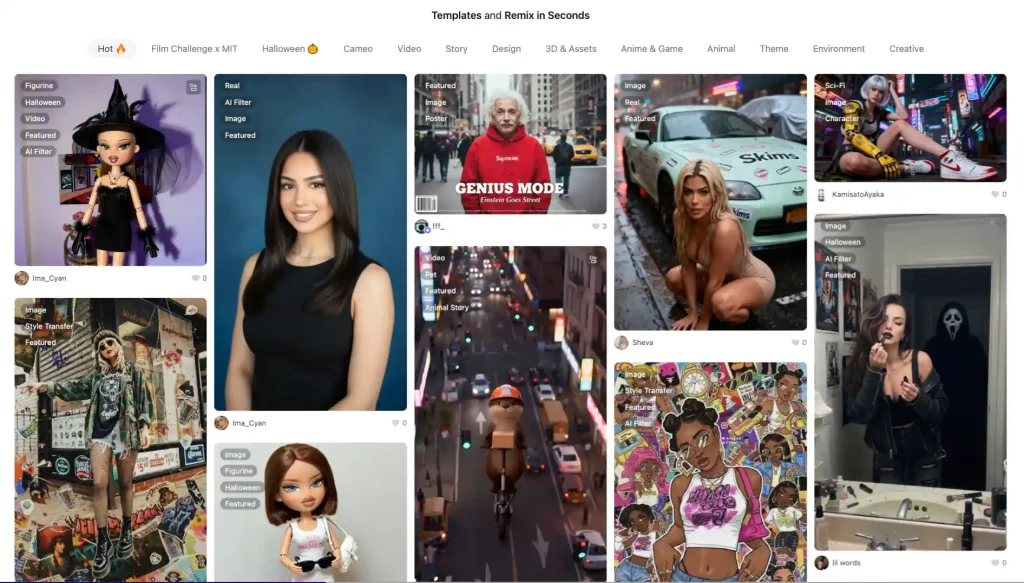 Homepage gallery showing AI-generated photos from creators on Ima Studio