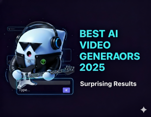 Ima Studio mascot performing with an electric guitar, featured on the blog cover for “Best AI Video Generators 2025: Surprising Results,” symbolizing creative AI generation power.