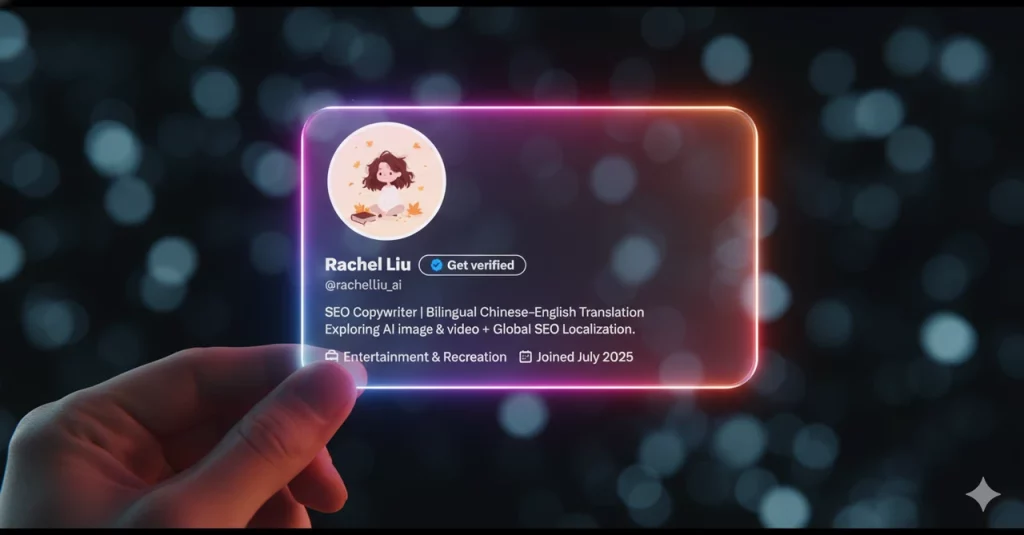 Neon transparent glass X/Twitter Cyberpunk Card example showing a personalized profile identity card in cyberpunk neon glow style.