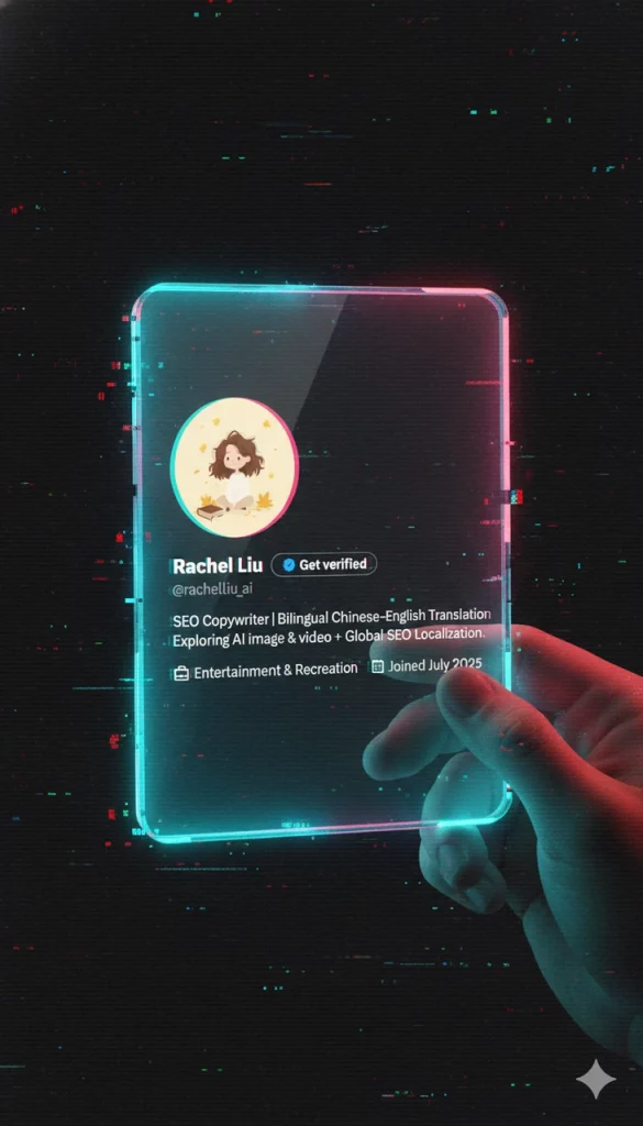 A neon transparent X/Twitter cyberpunk card with glitchcore hacker lab background held between two fingers.