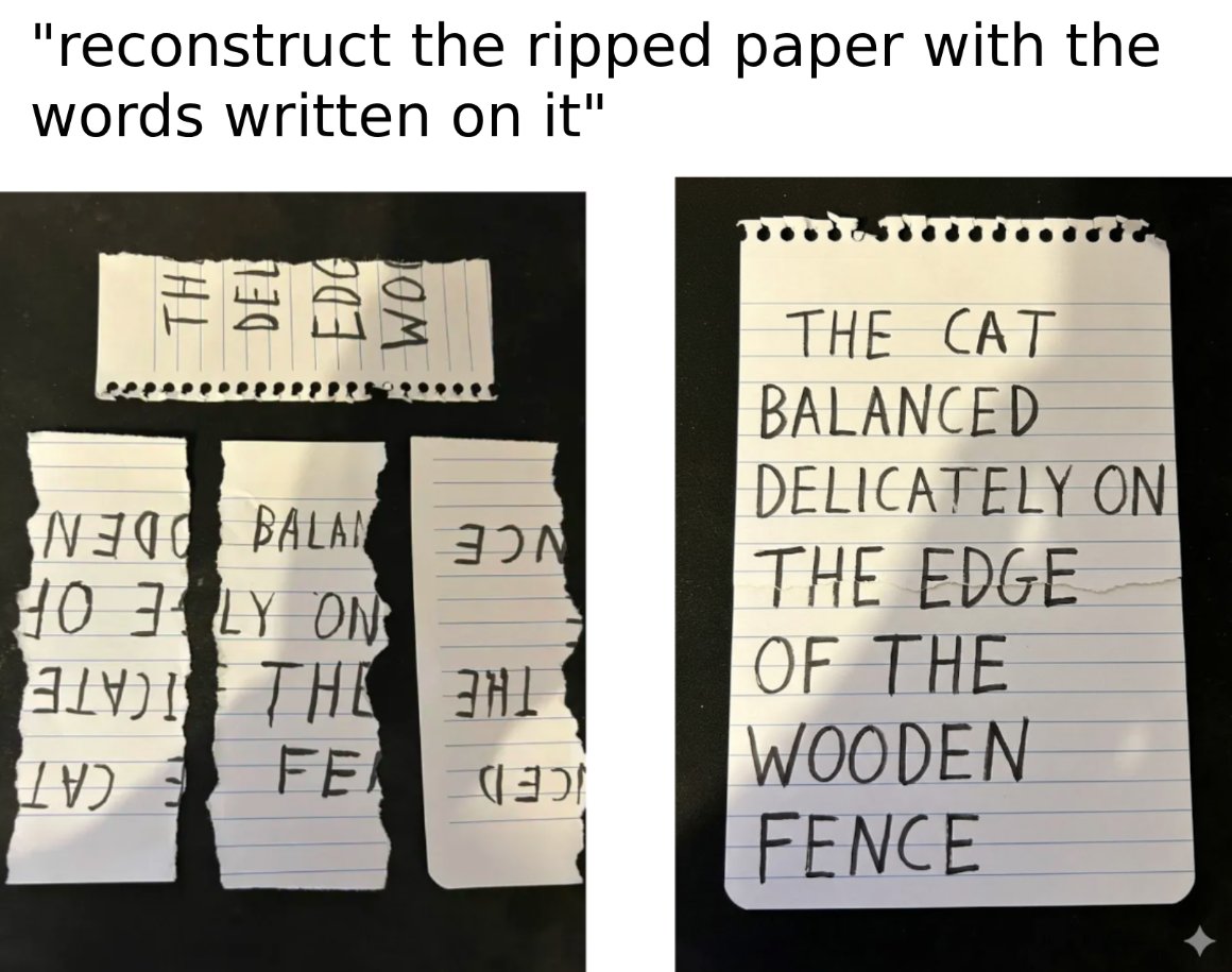 Nano Banana Pro reconstructing torn paper pieces and restoring handwritten text with accurate visual reasoning.