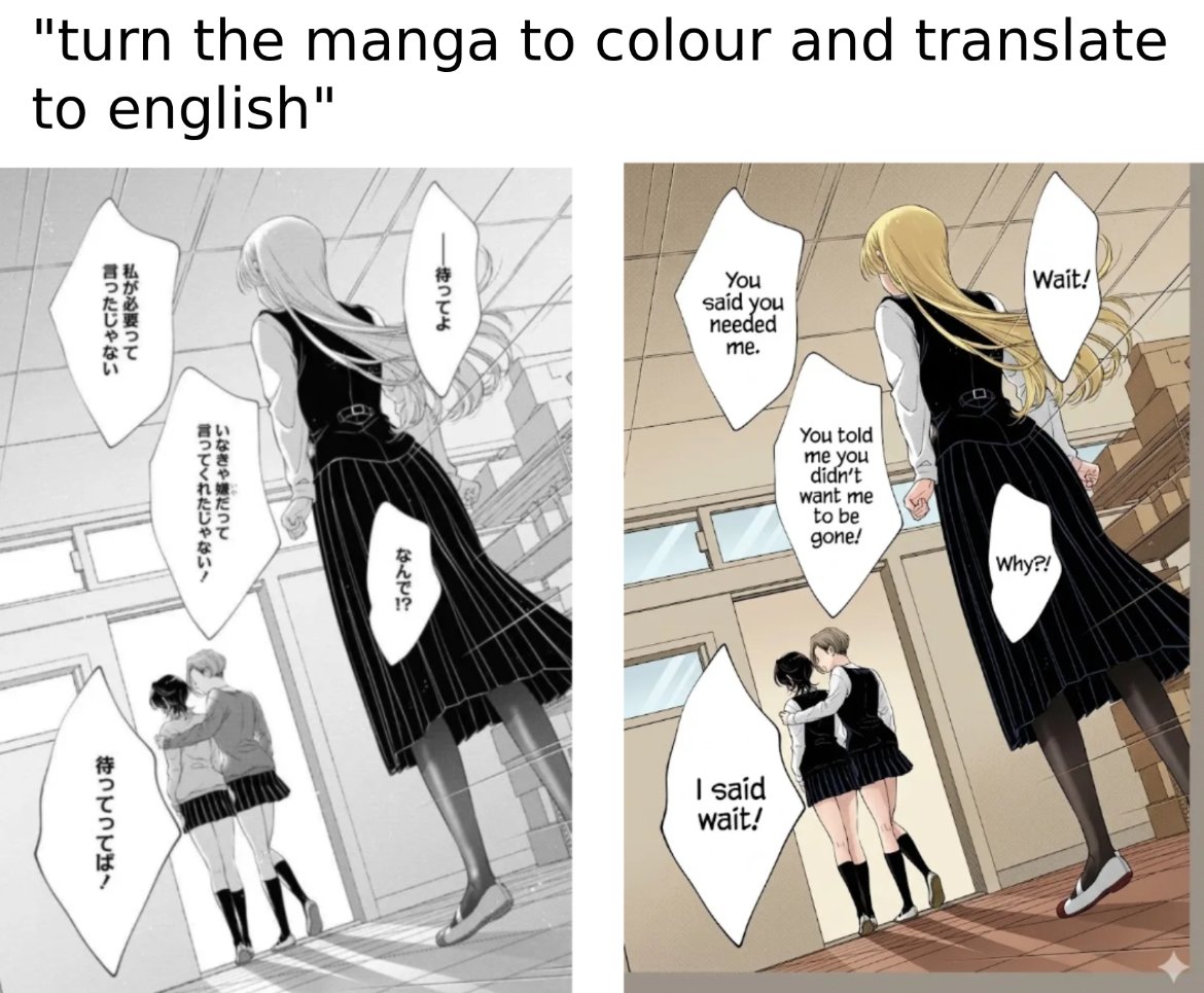 Nano Banana Pro AI colorizing a black-and-white manga panel and translating Japanese text into English with consistent characters.
