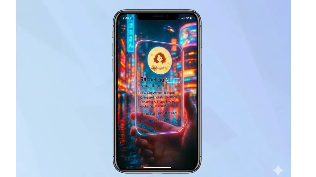 A neon transparent X/Twitter cyberpunk card in a Neo-Tokyo anime background displayed on a phone screen.
