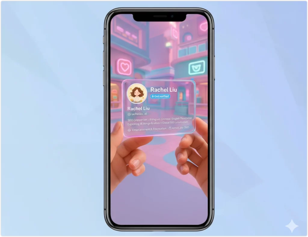 Holding a neon transparent Twitter Cyberpunk Card inside a pastel anime digital mall environment.