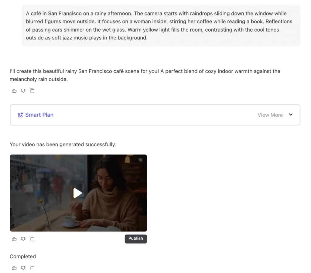 Ima Studio での AI ビデオ生成プロセスのスクリーンショット。実際のモデル テスト中にプロンプト、チャット ワークフロー、生成されたカフェ シーン ビデオが表示されています。.