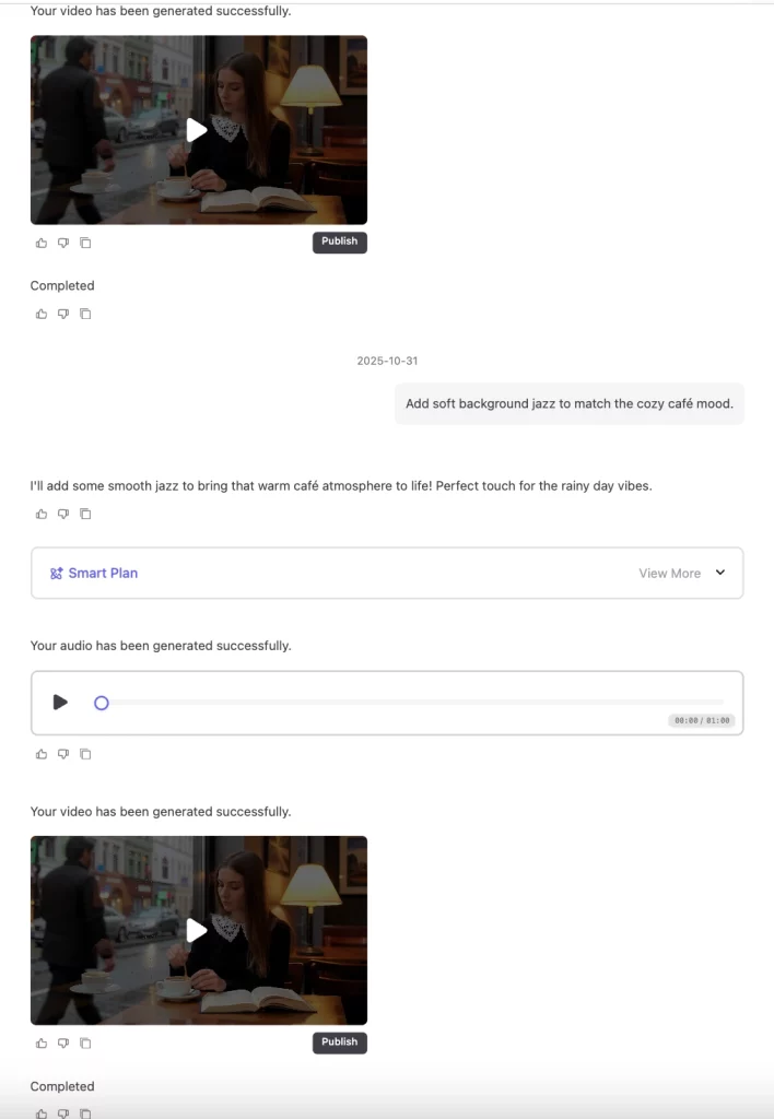AI 生成のカフェ ビデオにバックグラウンド ジャズ ミュージックを追加し、実際のテスト中にチャット コマンドとオーディオ生成を表示する Ima Studio のスクリーンショット。.