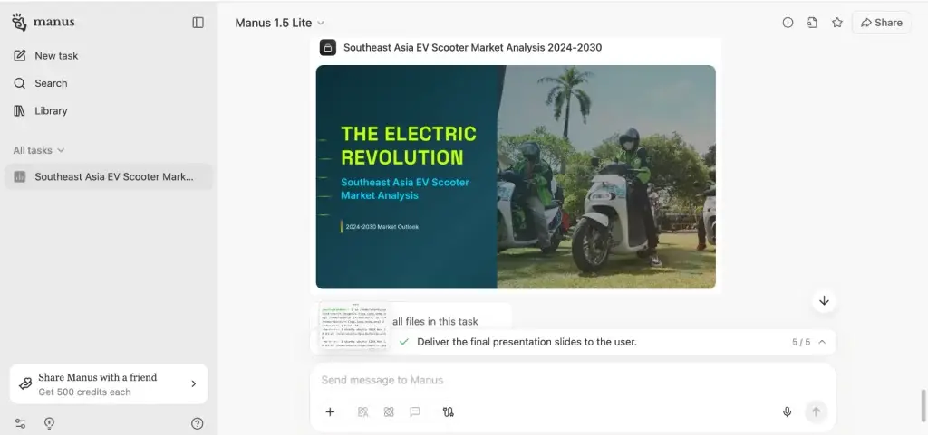 Antarmuka agen Manus AI yang menghasilkan analisis pasar skuter EV 10-slide, menunjukkan otomatisasi alur kerja dan pembuatan dokumen.