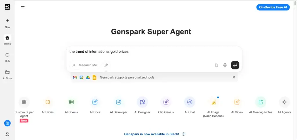 Dasbor Agen Super Genspark yang meneliti harga emas internasional menggunakan alat AI yang dipersonalisasi untuk penelitian dan pembuatan dokumen.