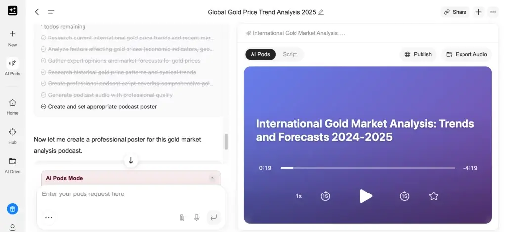 Agen AI Genspark menghasilkan podcast untuk laporan tren harga emas global menggunakan keluaran multimoda.