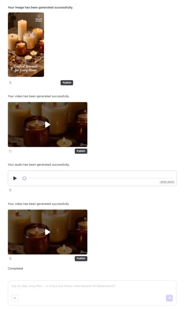 Tangkapan layar agen AI Ima Studio yang menghasilkan keluaran gambar, video, dan audio untuk merek lilin buatan tangan, menampilkan alur kerja kreatif multimoda.
