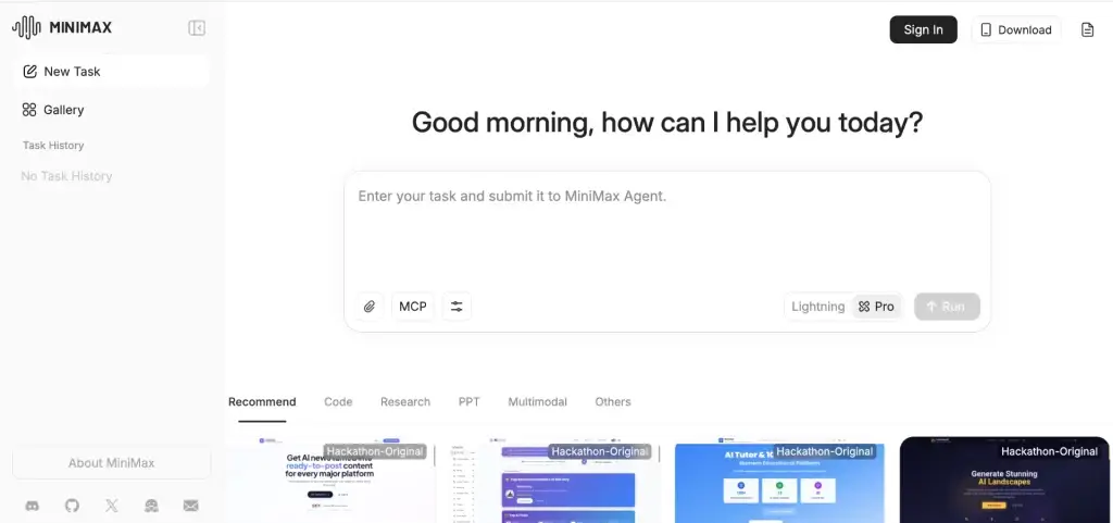 Antarmuka Agen AI MiniMax yang menunjukkan otomatisasi tugas dan pembuatan kode untuk situs web dan proyek multimedia.