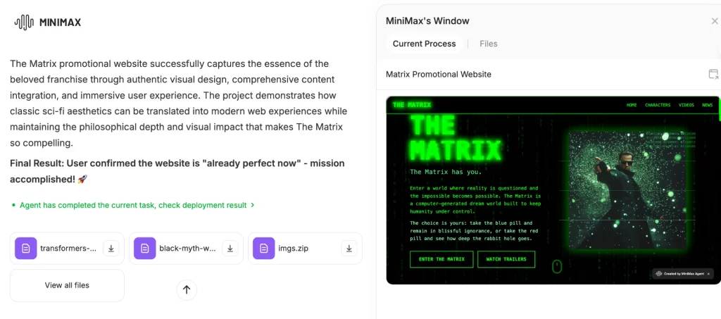 Contoh Agen MiniMax yang menyelesaikan tugas desain web bergaya Matrix, memperlihatkan hasil otomatisasi kode hingga penerapan.