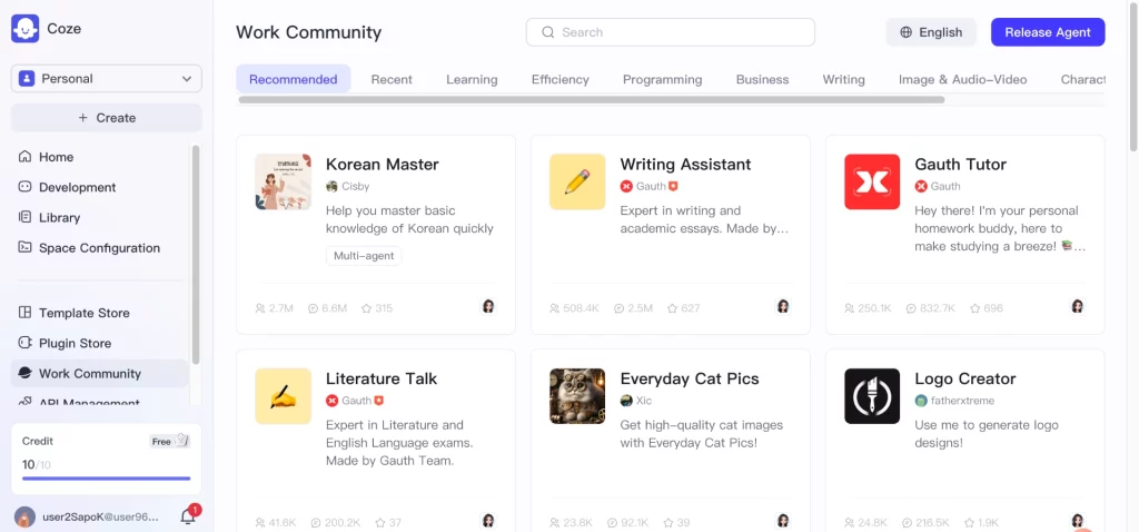 Antarmuka platform Agen AI Coze dengan beberapa templat agen tanpa kode untuk dukungan pelanggan, pendidikan, dan alur kerja kreatif.