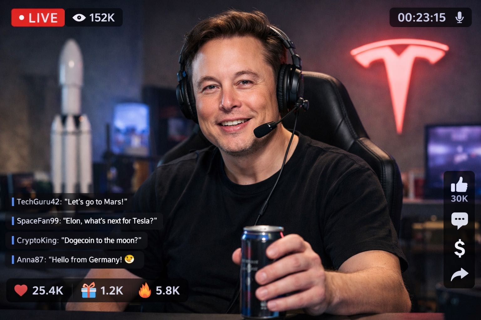 AI-generated virtual tech influencer livestream host with real-time chat and audience reactions
