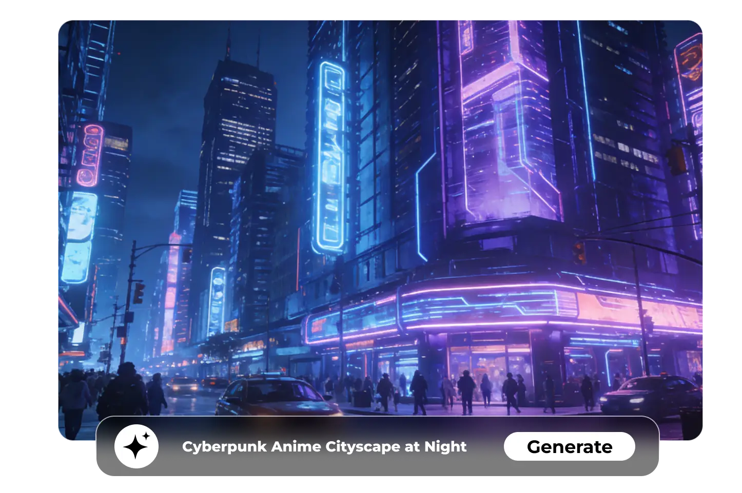 Cyberpunk city artwork generated with a Stable Diffusion image generator, showing text-to-image creative possibilities