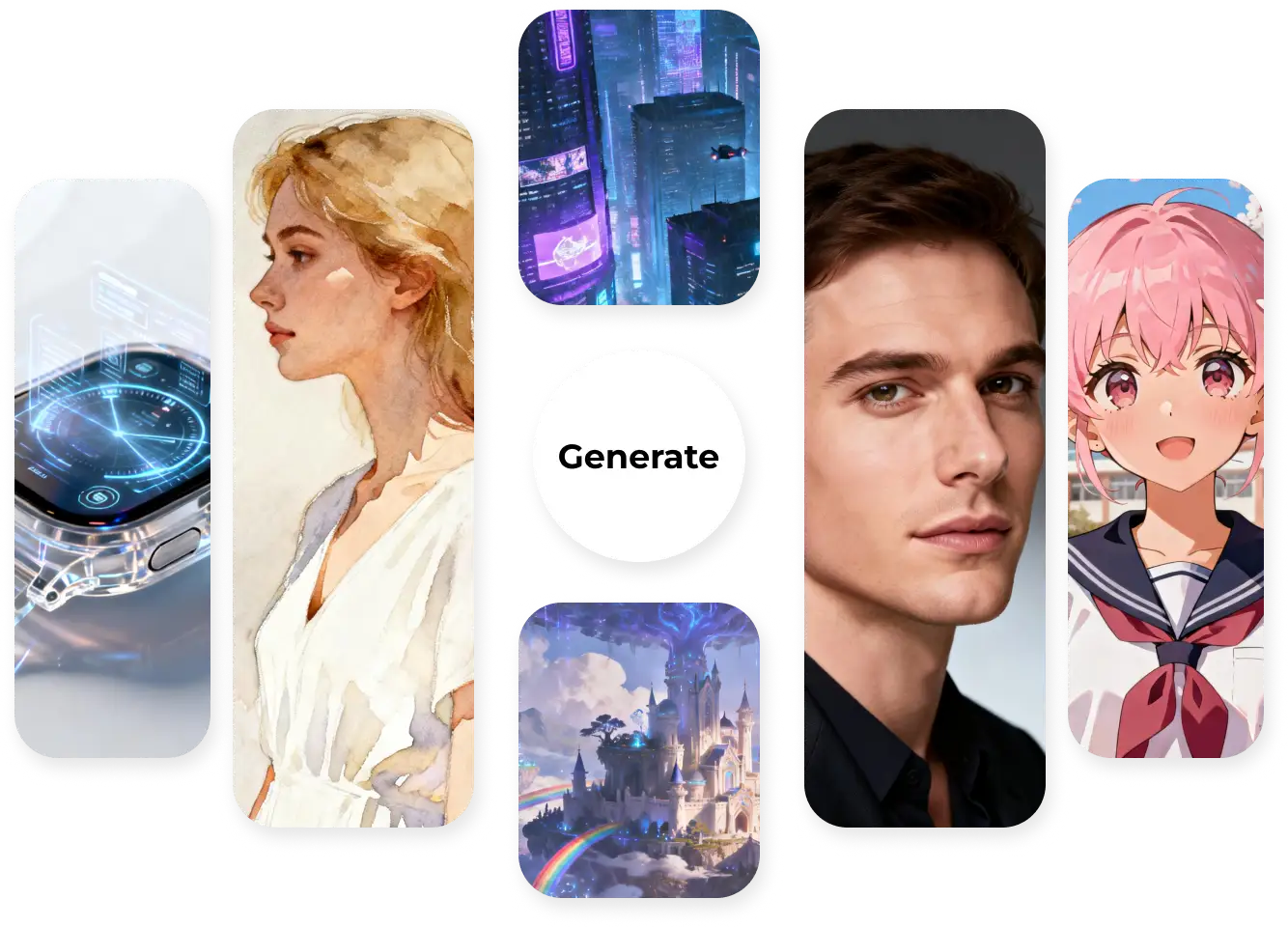 Diverse images made with a Stable Diffusion image generator, from anime characters to fantasy worlds and tech visuals
