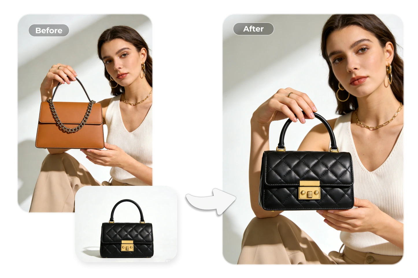 Product photo refinement example using a Stable Diffusion image generator for high-quality commercial visuals