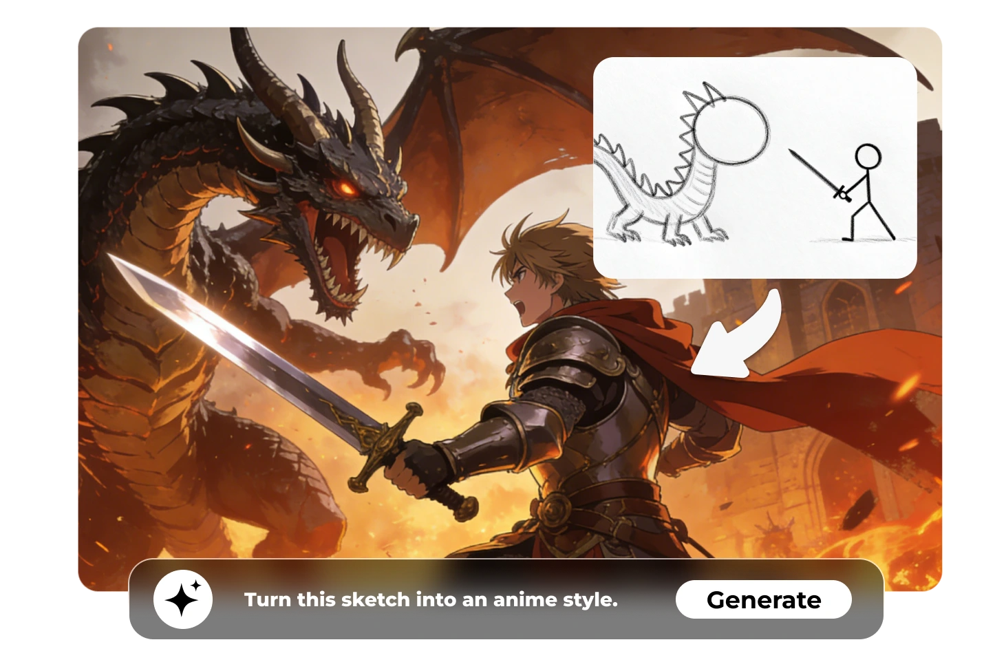 Sketch transformed into anime art with a Stable Diffusion image generator using image-to-image generation