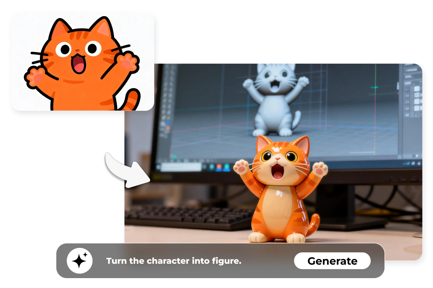 Character design turned into a 3D figure using a Stable Diffusion image generator for creative modeling ideas