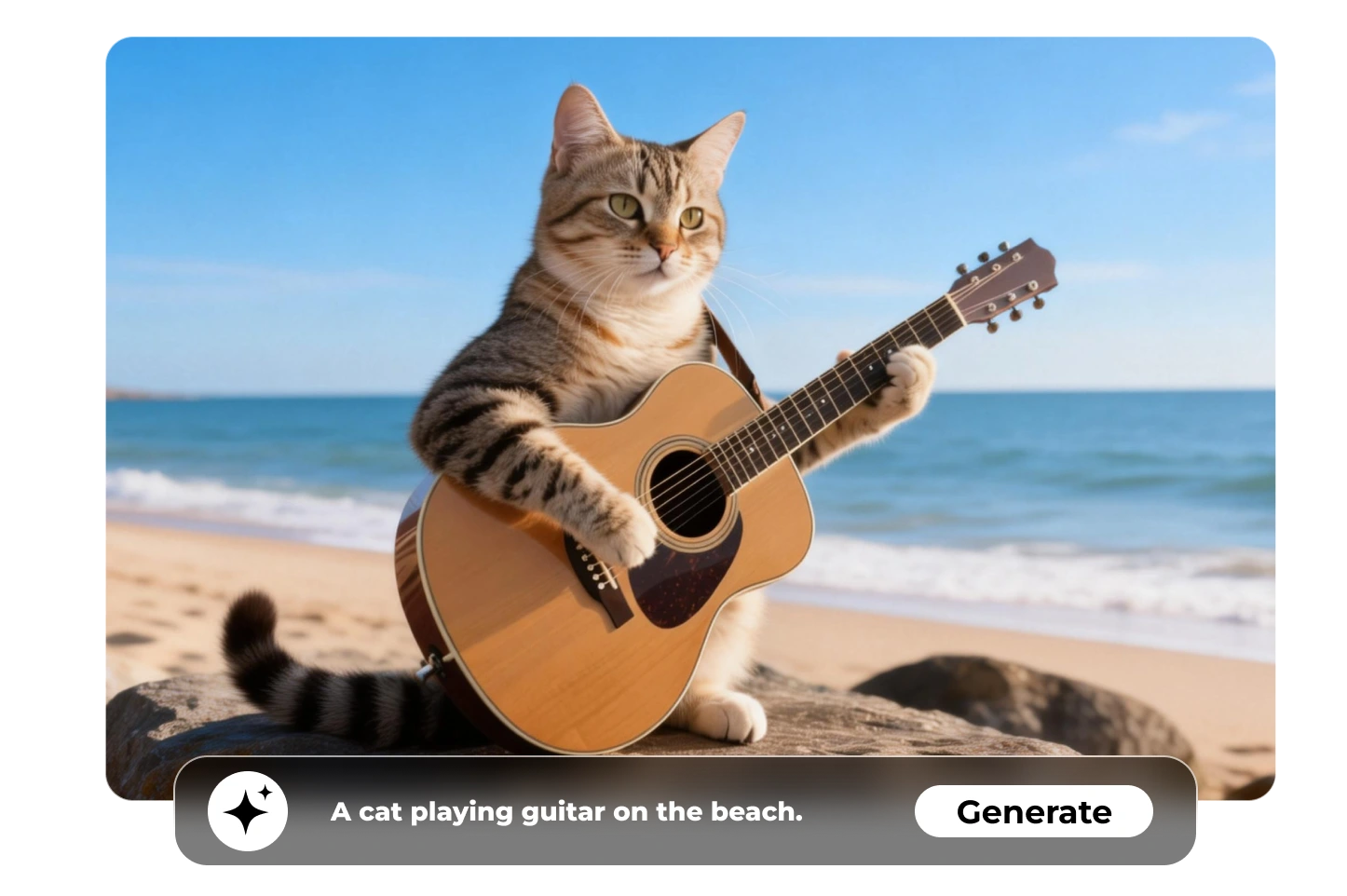 Creative text-to-image result from a Stable Diffusion image generator showing a cat playing guitar on the beach