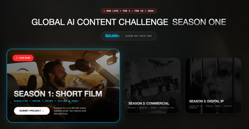 Global AI Content Challenge 2026 by Ima Studio, highlighting Season 1 AI short film competition focused on storytelling, narrative, and human creativity in AI filmmaking.