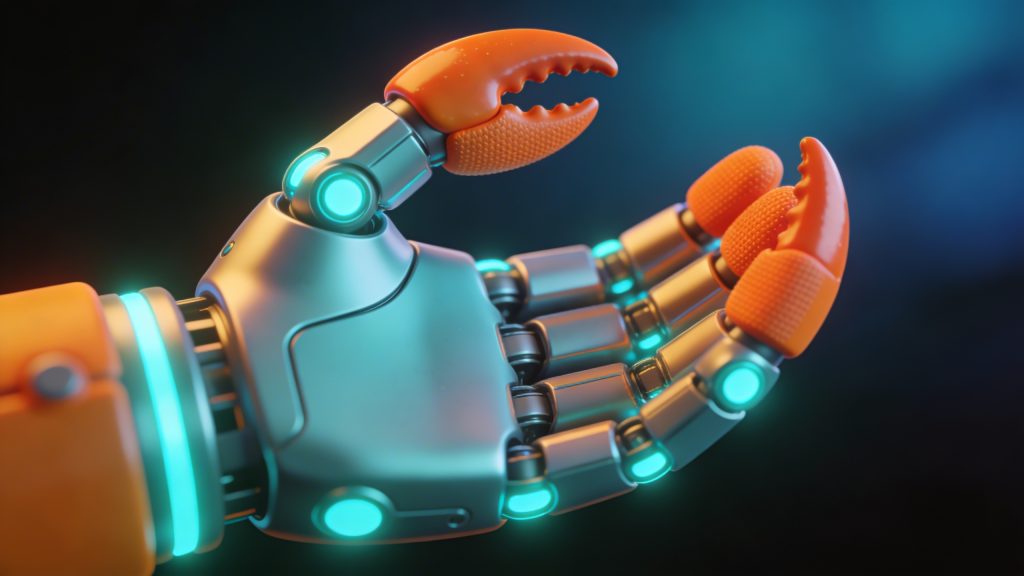 Futuristic AI assistant with lobster claw mascot, cyan and orange color scheme