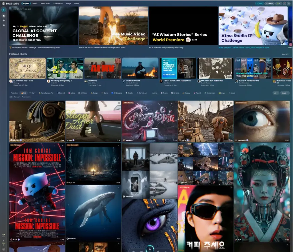Ima Studio community homepage displaying curated AI short films and music videos, along with information about the Global AI Creator Competition.