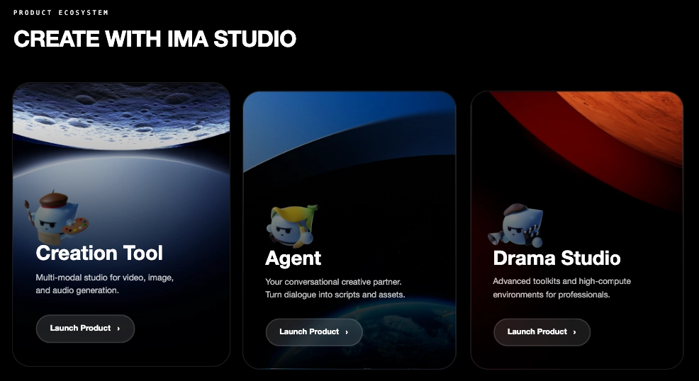 Ima Studio AI filmmaking tools overview, featuring the Creation Tool, AI Agent, and Drama Studio for video, image, and music creation in AI film competitions.