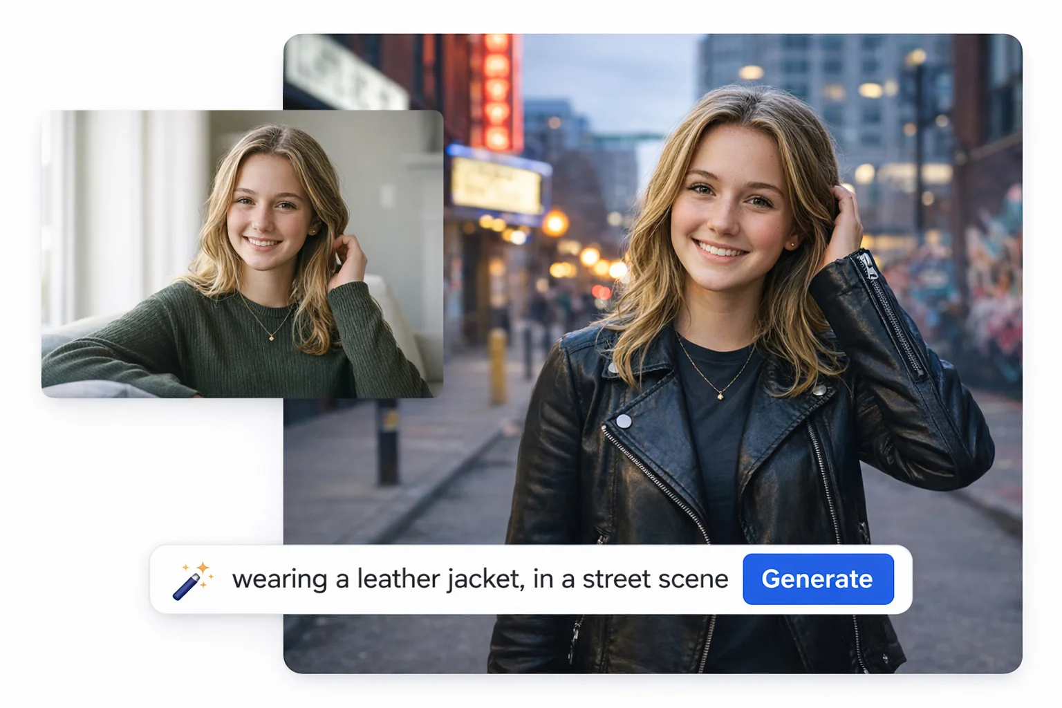 Ejemplo de generador de fotos con IA para convertirlas en personajes y retratos, que muestra cómo una foto informal de interiores se transforma en un retrato callejero con chaqueta de cuero.