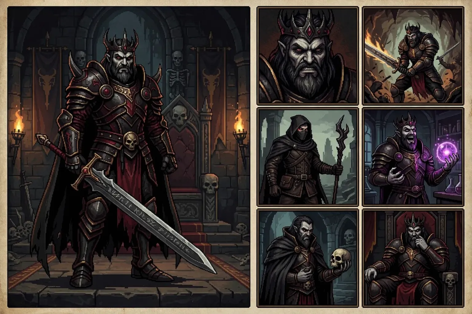 Ejemplo de generador de personajes de juegos con IA que muestra un guerrero de fantasía oscura con múltiples retratos, poses y variaciones de escena.