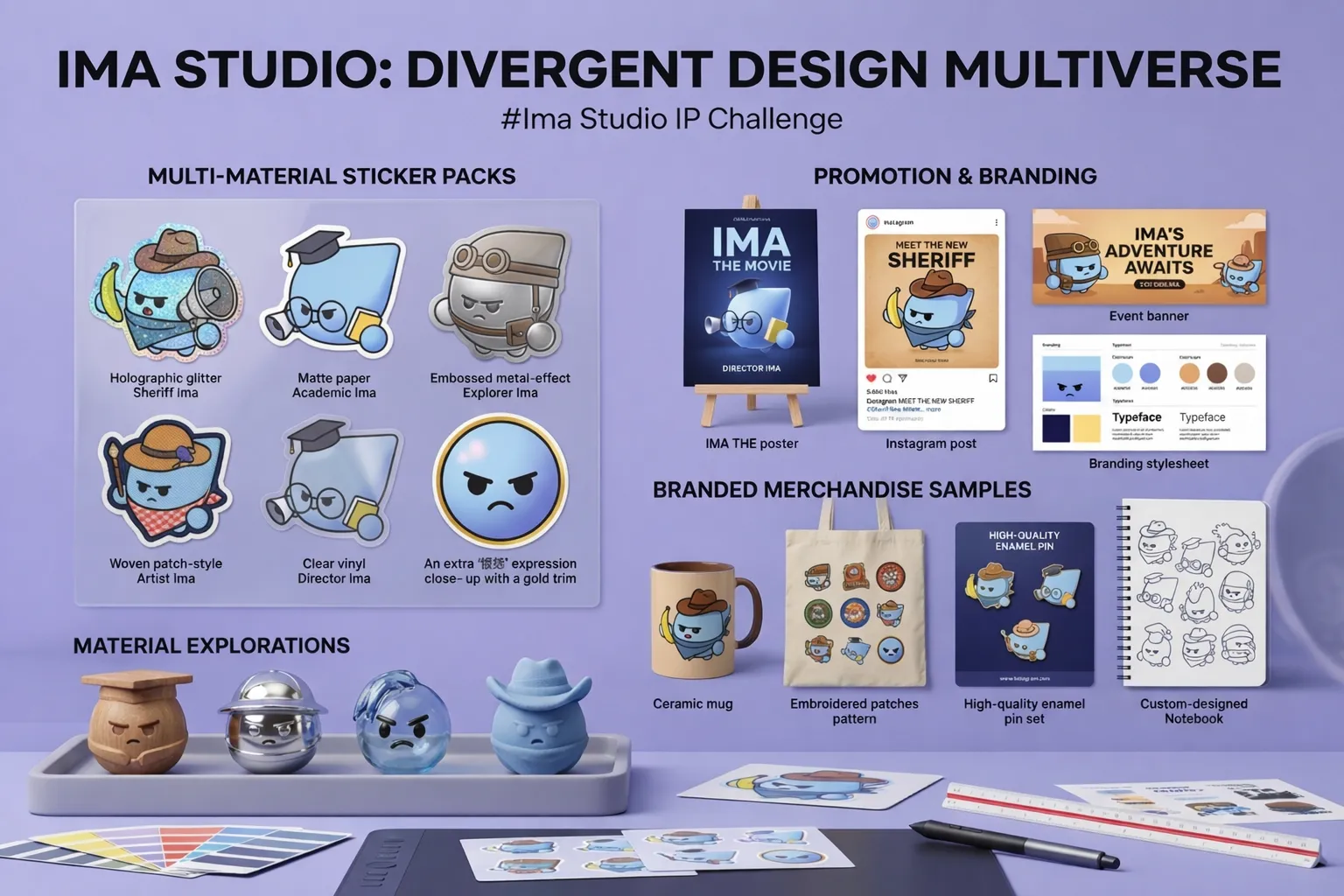 Presentación del diseño de personajes de IA con paquetes de pegatinas, productos de marca, materiales promocionales y exploración de estilos para una propiedad intelectual de personaje.