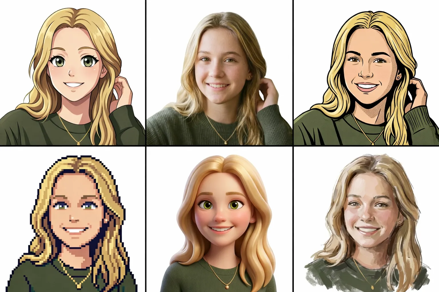 Generador de personajes con IA a partir de una foto con un retrato transformado en estilos de personajes anime, cómic, pixel art, 3D y pintados.