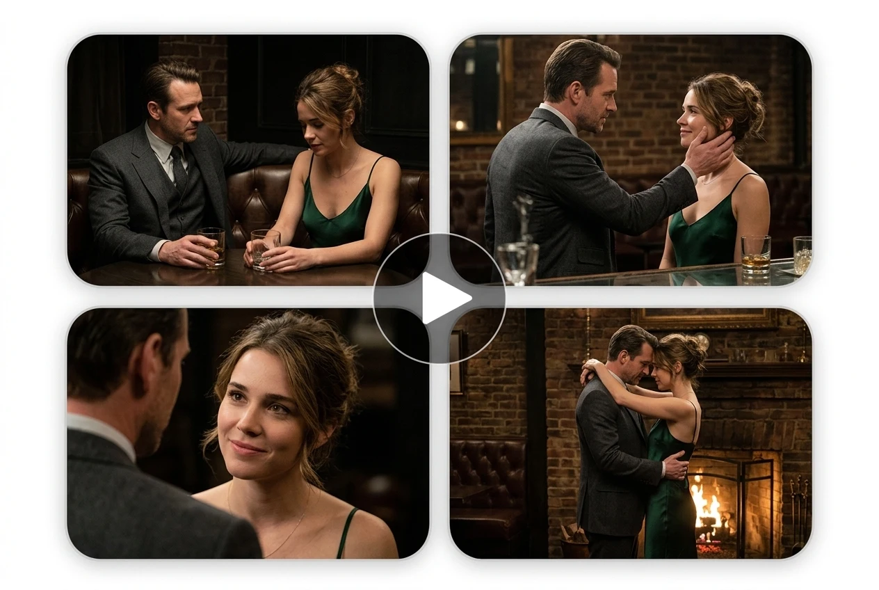 Seedance AI video generator creating a cinematic multi-shot romance scene with consistent characters across frames